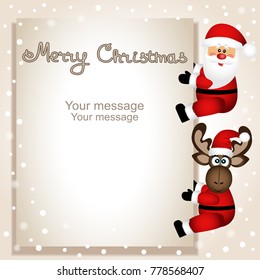 Christmas card. Funny postcard with Christmas moose and Santa. Vector Illustration.