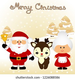 Christmas card. Funny postcard with Mrs. Santa Claus, Santa Claus and Christmas reindeer. Vector Illustration.
