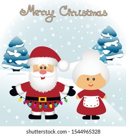 Christmas card. Funny postcard with Mrs. Santa Claus and Santa Claus. Vector Illustration.