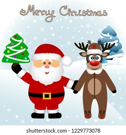 Christmas card. Funny postcard with Santa Claus and Christmas reindeer. Vector Illustration.