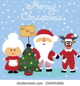 Christmas card. Funny postcard with Santa Claus, Mrs. Santa Claus and Christmas reindeer. Vector Illustration.