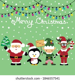 Christmas card. Funny postcard with Santa Claus, elf, penguin and Christmas reindeer. Vector Illustration.