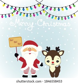 Christmas card. Funny postcard with Santa Claus and Christmas reindeer. Vector Illustration.