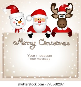 Christmas card. Funny postcard with snowman, Christmas moose and Santa. Vector Illustration.