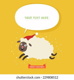 Christmas card with funny running sheep and bubble for text. Vector colorful illustration in flat design style