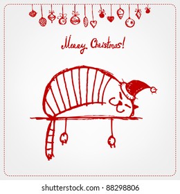 Christmas card, funny santa cat for your design