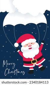 Christmas card with funny Santa Claus and parachute. Merry christmas card. Post or gift card cute with illustration. Vector element with starry sky background