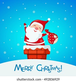 Christmas card with funny Santa Claus in chimney in flat style. Vector illustration.