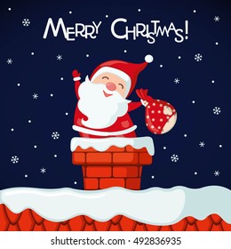 Christmas card with funny Santa Claus in chimney in flat style. Vector illustration.