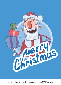 Christmas card with funny Santa Claus smiling. Santa Claus brings presents in boxes. Lettering on blue background. Round design element. Cartoon character vector illustration.