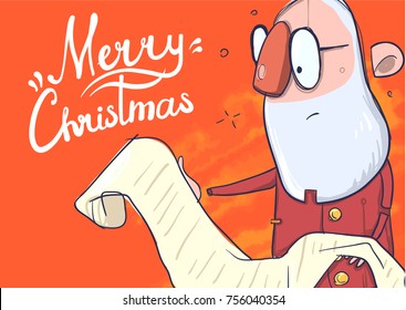 Christmas card with funny Santa Claus in glasses reading a long wish-list. Lettering on orange background. Cartoon character vector illustration.