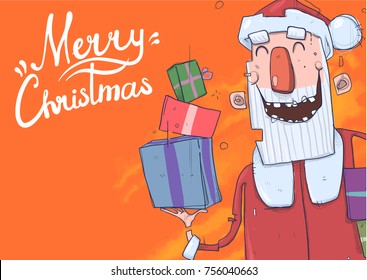 Christmas card with funny Santa Claus smiling. Santa Claus brings presents in boxes. Lettering on orange background with copy space. Cartoon character vector illustration.