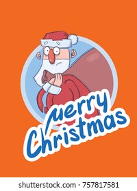 Christmas card with funny Santa Claus carrying big bag of presents. Santa looks bewildered and agitated. Lettering on orange background. Round design element. Cartoon character vector illustration.