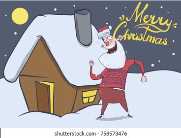 Christmas card of funny Santa Claus dancing by the house in the snowy night. Smiling Santa in deer sweater under the Moon. Horizontal vector illustration. Cartoon character. Lettering. Copy space.