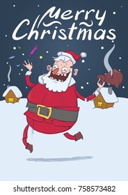 Christmas card of funny Santa Claus. Santa brings gifts and throws candies in the air. Snowy night, festive houses. Vertical vector illustration. Cartoon character with lettering. Copy space.