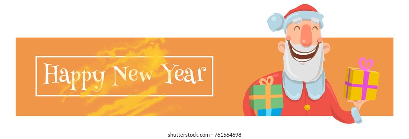 Christmas card with funny Santa Claus smiling. Santa Claus brings presents in boxes. Christmas banner or header for website with copy space. Cartoon character vector illustration.