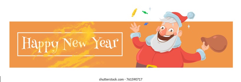 Christmas card with funny Santa Claus smiling and waving hand. Santa Claus waves hello and throws some candies. Christmas banner or header for website. Cartoon character vector illustration.