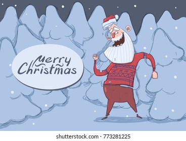 Christmas card with funny Santa Claus dancing in snowy night forest. Happy Santa in deer sweater waves hands among fir trees. Horizontal vector illustration. Cartoon character. Lettering. Copy space.