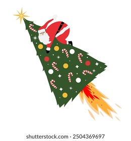 Christmas card with funny Santa is flying on a Xmas tree as rocket, vector isolated illustration