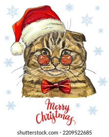 Christmas card with funny Scottish Fold cat portrait in christmas hat, glasses, bow, snowflakes and lettering Merry Christmas. Vector illustration. For decor, design, print, posters, stickers, t-shirt