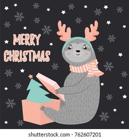 Christmas card with a funny sloth opening his present