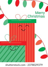 Christmas card. Funny smiling gift box characters. Holiday background with New Year tree garlands. For greeting card, invitation and poster