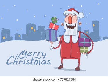 Christmas card of funny smiling Santa Claus. Santa Claus carries gifts in colorful boxes on snowy evening city background. Horizontal vector illustration. Cartoon character. Lettering. Copy space.
