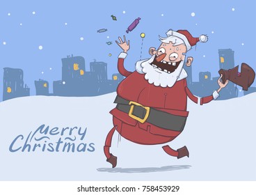 Christmas card of funny smiling Santa Claus on evening city background. Santa brings gifts and throws candies in the air. Horizontal vector illustration. Cartoon character with lettering. Copy space.