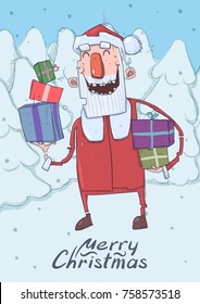 Christmas card of funny smiling Santa Claus with presents. Santa carries gifts in colored boxes through snowy fir forest. Vertical vector illustration. Cartoon character with lettering. Copy space.