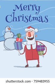 Christmas card with funny smiling Santa Claus. Santa brings presents in colorful boxes past snowman. Frosty windy weather. Vertical vector illustration. Cartoon characters with lettering. Copy space.