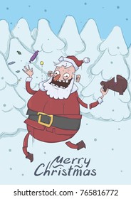 Christmas card with funny smiling Santa Claus. Santa brings gifts and throws candies in the air among white snowy trees. Vertical vector illustration. Cartoon character. Lettering. Copy space.