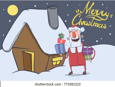 Christmas card with funny smiling Santa Claus. Santa carries gifts in colorful boxes by festive house in the snowy night. Horizontal vector illustration. Cartoon character with lettering.