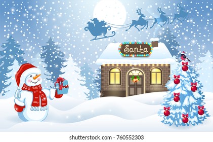 Christmas card with funny Snowman holding gift box and Santa's workshop against winter forest background and Santa Claus in sleigh with reindeer team flying in the moon sky. New Year design postcard.