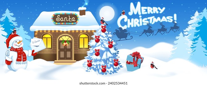 Christmas card with funny Snowman  with Santa letter wishlist and Santa's workshop against winter forest background and Santa Claus in sleigh with reindeer team flying in the moon sky. 