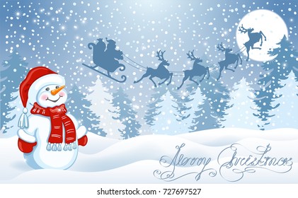 Christmas card with funny Snowman in Santa cap against winter forest background and Santa Claus in sleigh with reindeer team flying in the moon sky. New Year design postcard.