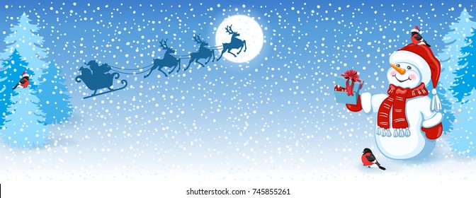 Christmas card with funny Snowman in Santa cap with gift box against winter forest background and Santa Claus in sleigh with reindeer team flying in the sky. New Year design postcard.