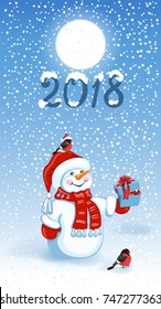 Christmas card with funny Snowman in Santa cap with gift box against winter forest background. New Year design postcard.