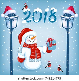 Christmas card with funny Snowman in Santa cap with gift box against snowfall background  and retro lampposts. New Year design postcard.