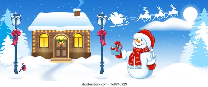 Christmas card with funny Snowman and Santa's workshop against winter forest background and Santa Claus in sleigh with reindeer team flying in the moon sky. New Year design postcard. 