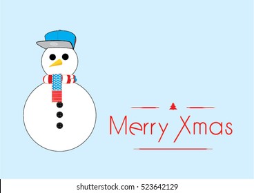 Christmas card with a funny snowman from United States with Merry Christmas greeting text. Vector character with flag colored scarf and typical hat.