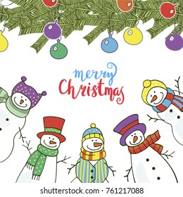 Christmas card with funny snowmen. Vector illustration