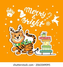 Christmas card with funny tiger. Vector cartoon illustration of a symbol of the Chinese year 2022