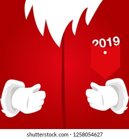 Christmas card, fur coat and hands of Santa Claus, vector illustration