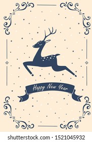 Christmas card with a galloping deer. Vector illustration.