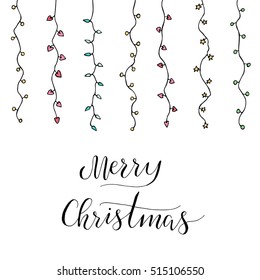 Christmas card with garland and letters "Merry Christmas". Hand drawn illustration. Vector.