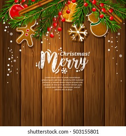 Christmas card with garland made from fir branches, red berries, gingerbreads, cinnamon, orange. Wooden planks background. Vector.
