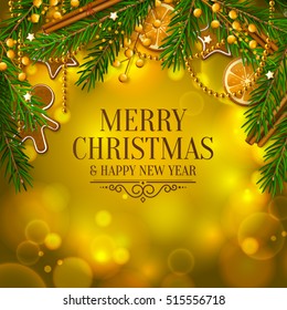 Christmas card with garland made from fir branches, red berries, gingerbread, cinnamon, orange, pearls. Background with bokeh lights. Vector.