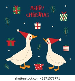 Christmas card with geese in hats, gifts and wishes for a Merry Christmas. 