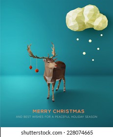 Christmas Card. Geometric polygonal reindeer against blue landscape. Vector Illustration