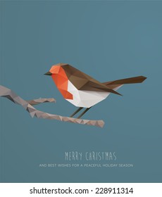 Christmas Card. Geometric polygonal  Robin on a branch. Vector Illustration